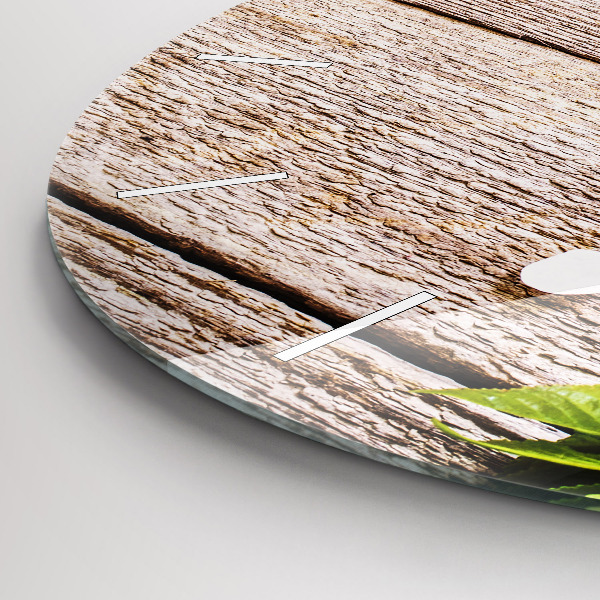 Round glass wall clock Flowers on wood