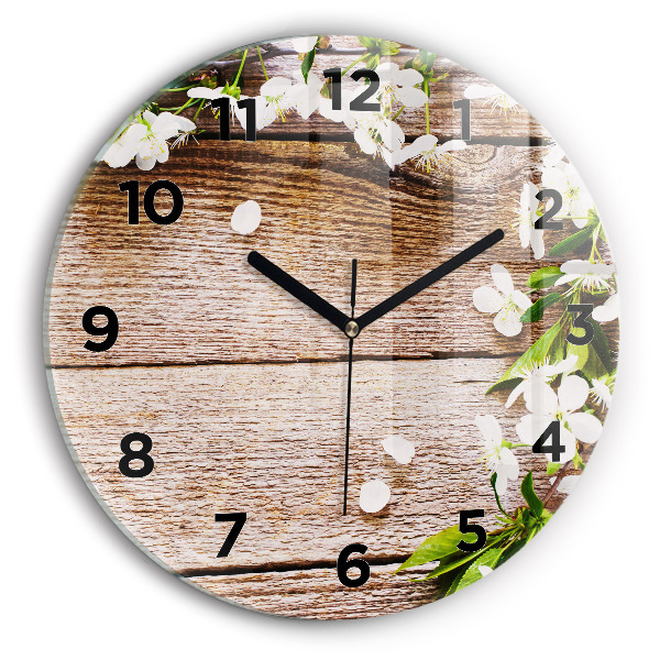 Round glass wall clock Flowers on wood