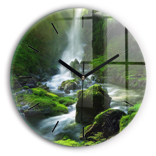 Round glass wall clock Waterfall and rocks