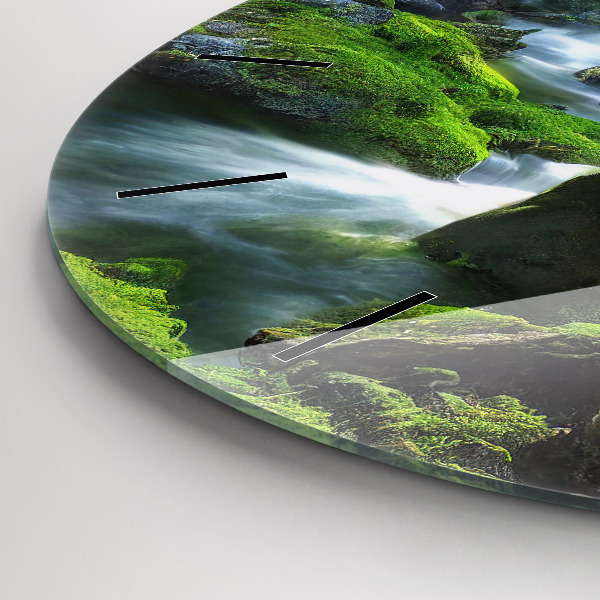 Round glass wall clock Waterfall and rocks