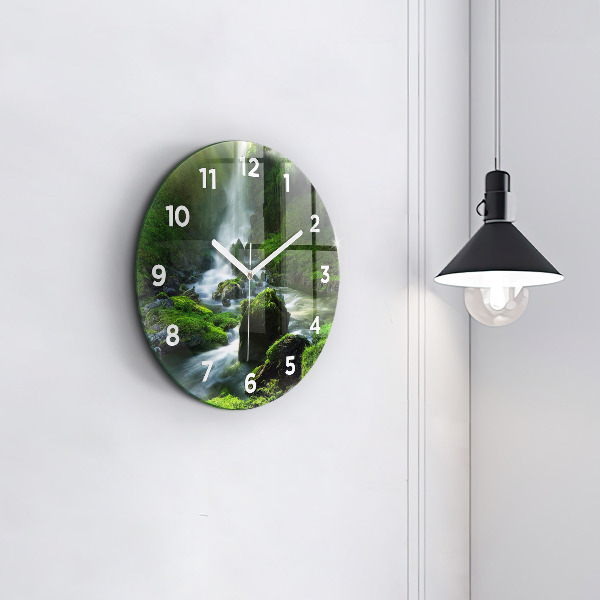 Round glass wall clock Waterfall and rocks