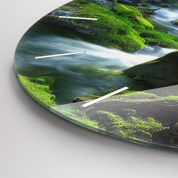 Round glass wall clock Waterfall and rocks