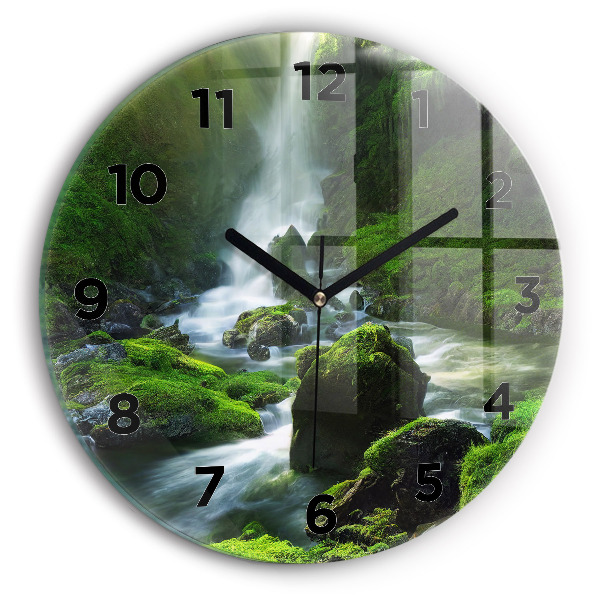 Round glass wall clock Waterfall and rocks