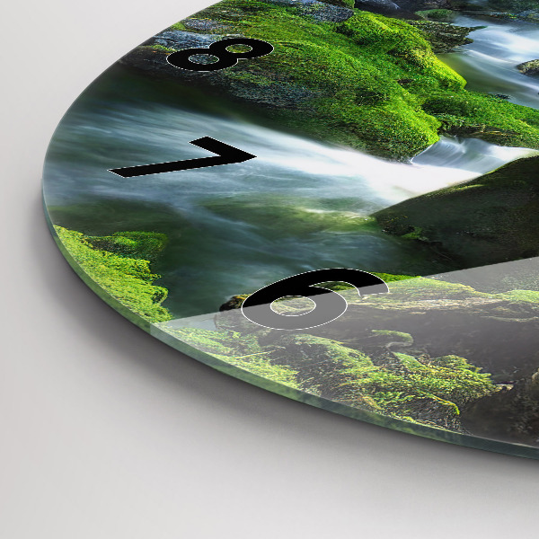 Round glass wall clock Waterfall and rocks