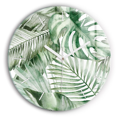Round glass wall clock Painted plant leaves