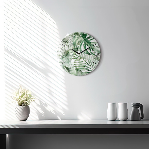 Round glass wall clock Painted plant leaves