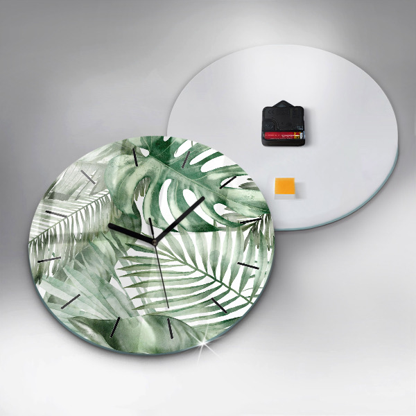 Round glass wall clock Painted plant leaves