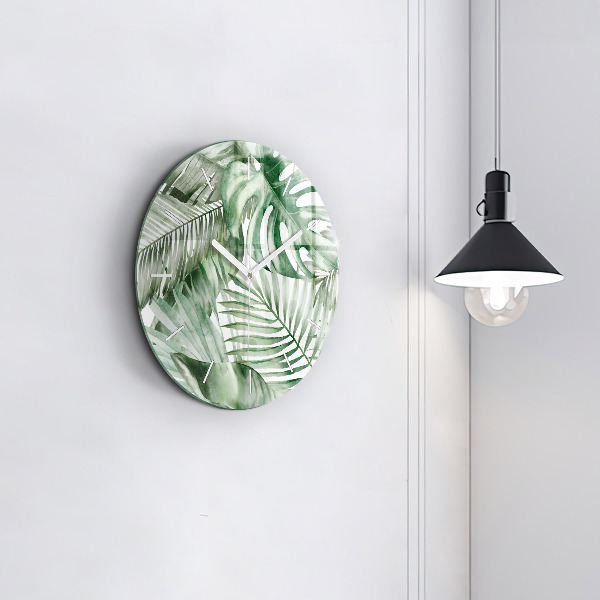 Round glass wall clock Painted plant leaves