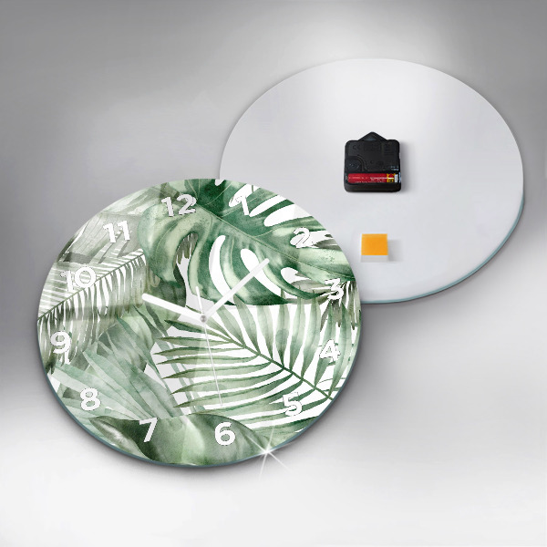 Round glass wall clock Painted plant leaves