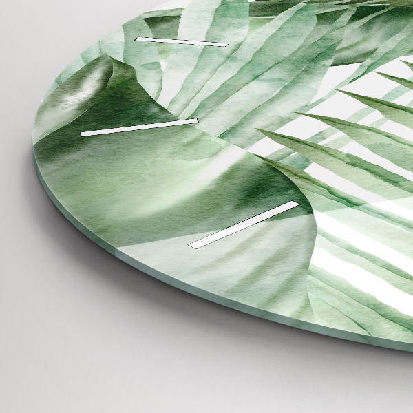 Round glass wall clock Painted plant leaves