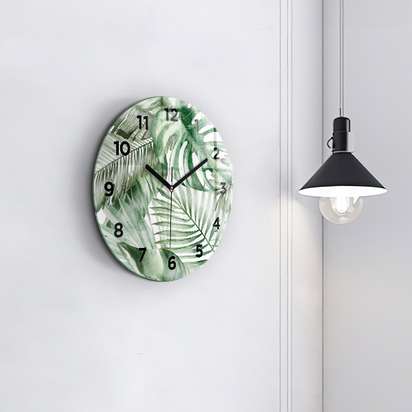 Round glass wall clock Painted plant leaves