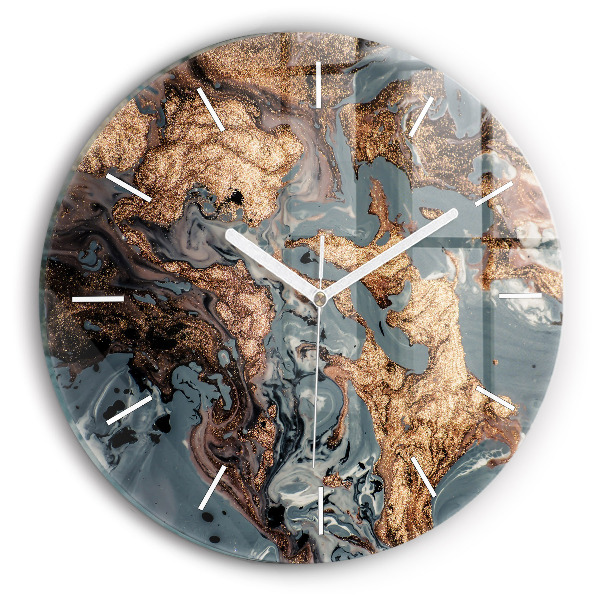 Round glass wall clock Marble gold abstract