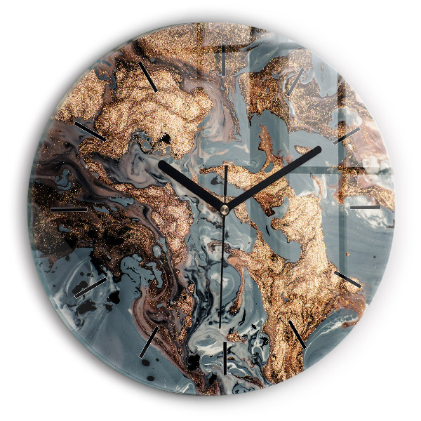 Round glass wall clock Marble gold abstract