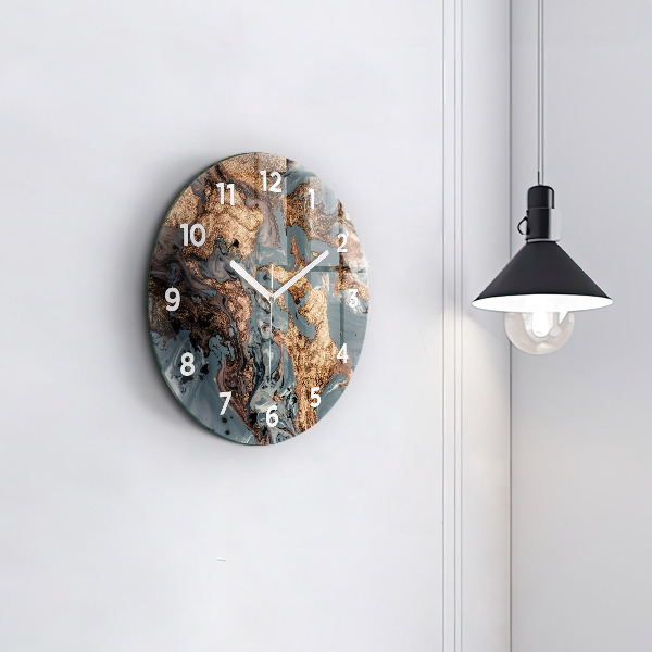 Round glass wall clock Marble gold abstract