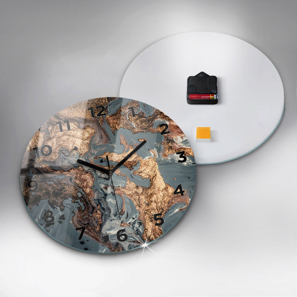 Round glass wall clock Marble gold abstract