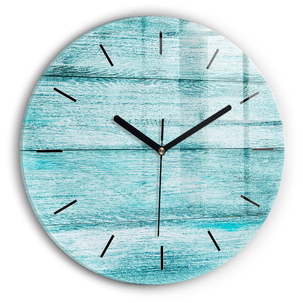 Round glass wall clock Blue old wood
