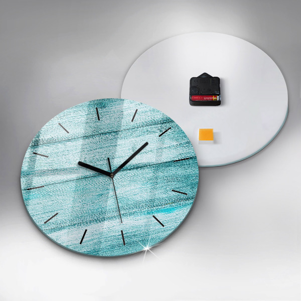 Round glass wall clock Blue old wood