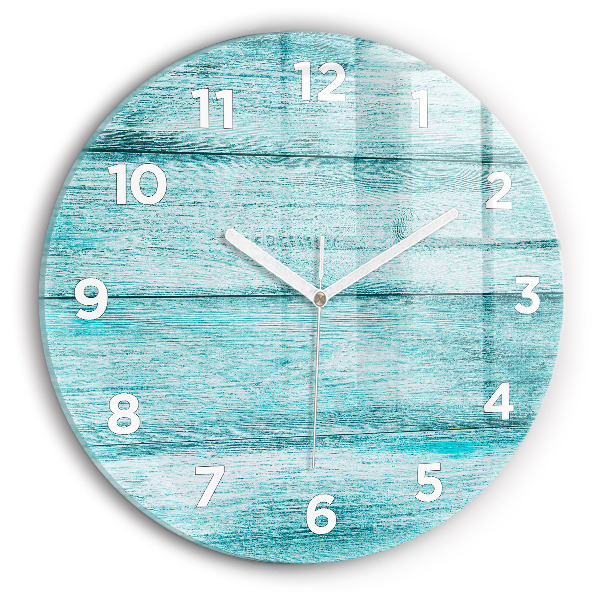 Round glass wall clock Blue old wood