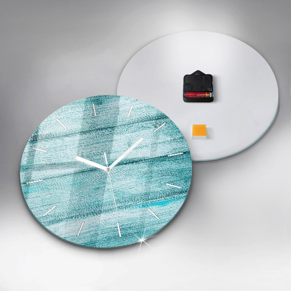 Round glass wall clock Blue old wood