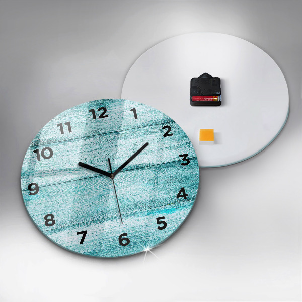 Round glass wall clock Blue old wood