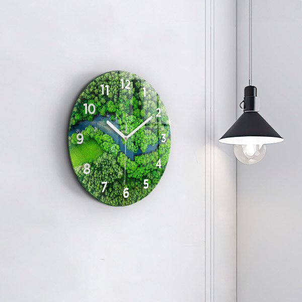 Round glass wall clock River in the forest