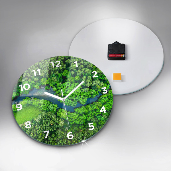 Round glass wall clock River in the forest