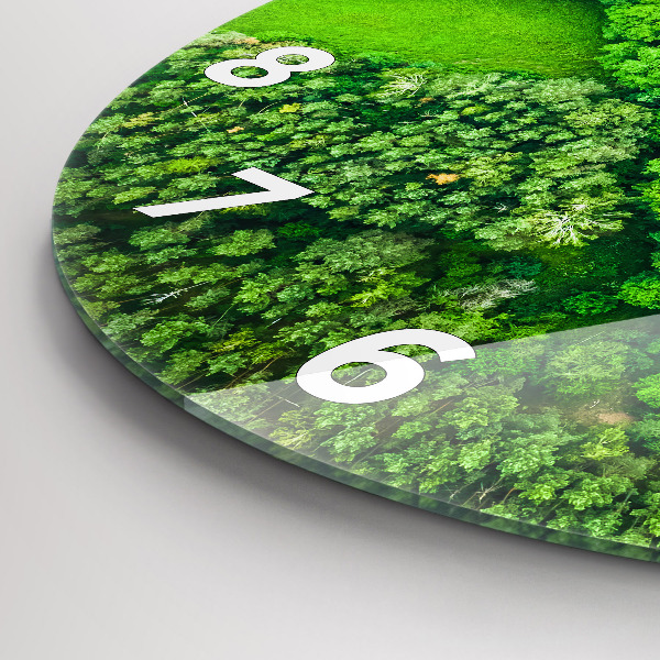 Round glass wall clock River in the forest