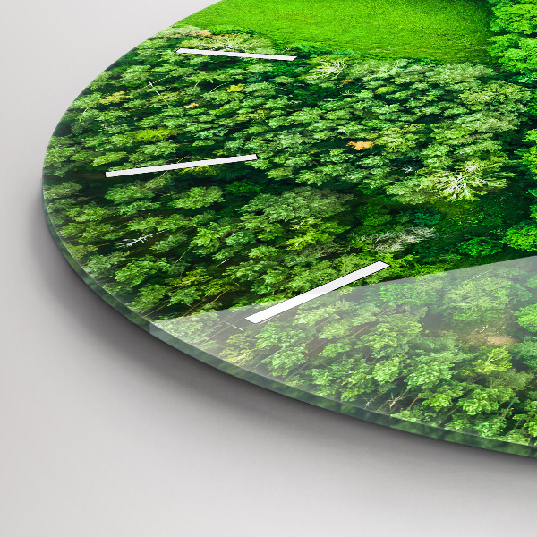 Round glass wall clock River in the forest