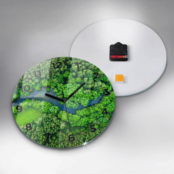 Round glass wall clock River in the forest