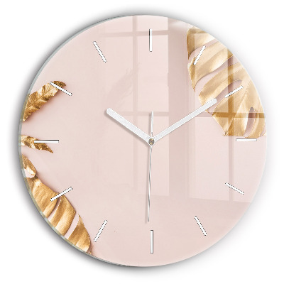 Round glass wall clock Golden tropical leaves