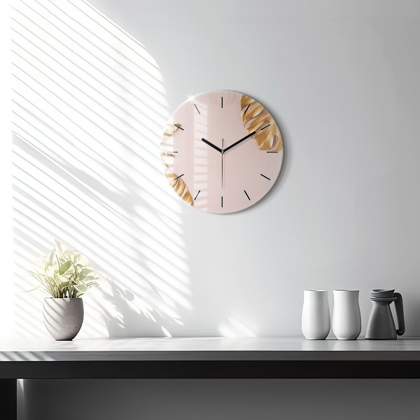 Round glass wall clock Golden tropical leaves