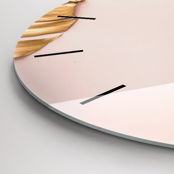 Round glass wall clock Golden tropical leaves