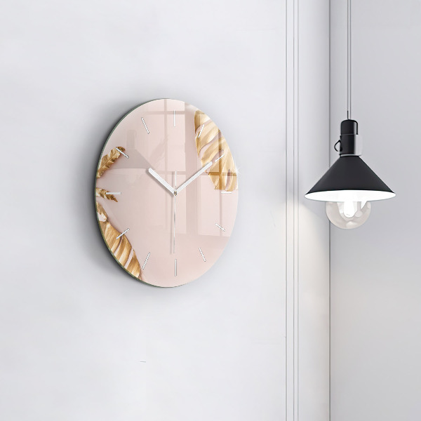 Round glass wall clock Golden tropical leaves