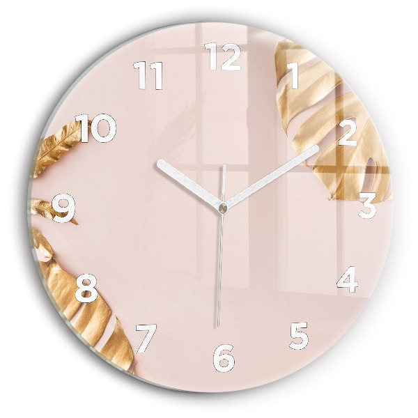 Round glass wall clock Golden tropical leaves