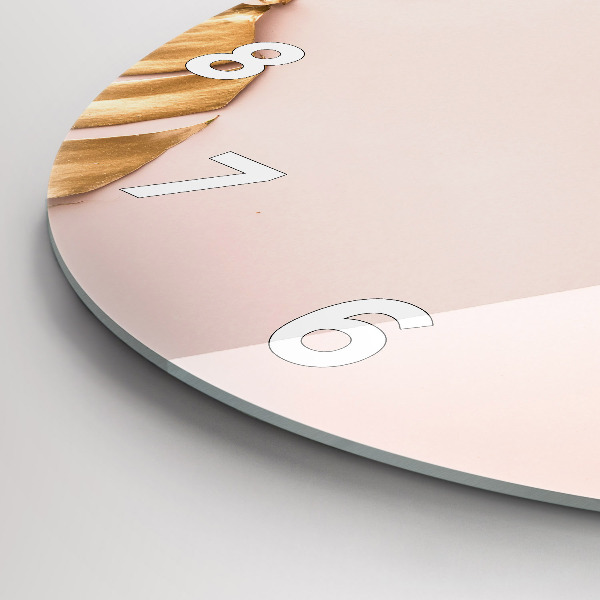 Round glass wall clock Golden tropical leaves