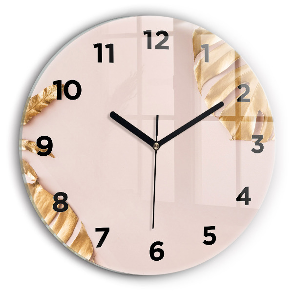 Round glass wall clock Golden tropical leaves