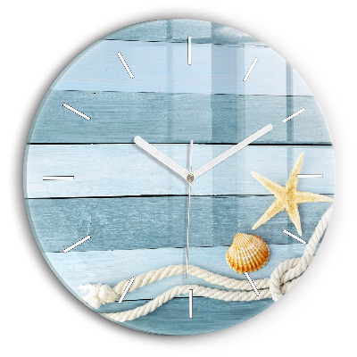 Round glass wall clock Boards stripes and shell