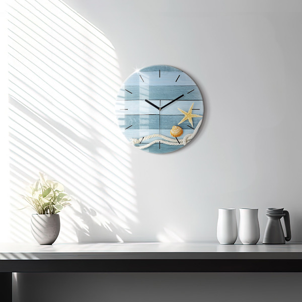 Round glass wall clock Boards stripes and shell