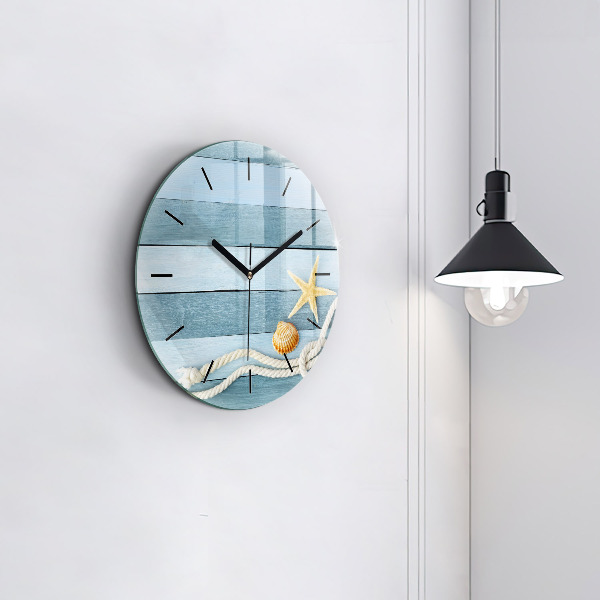 Round glass wall clock Boards stripes and shell
