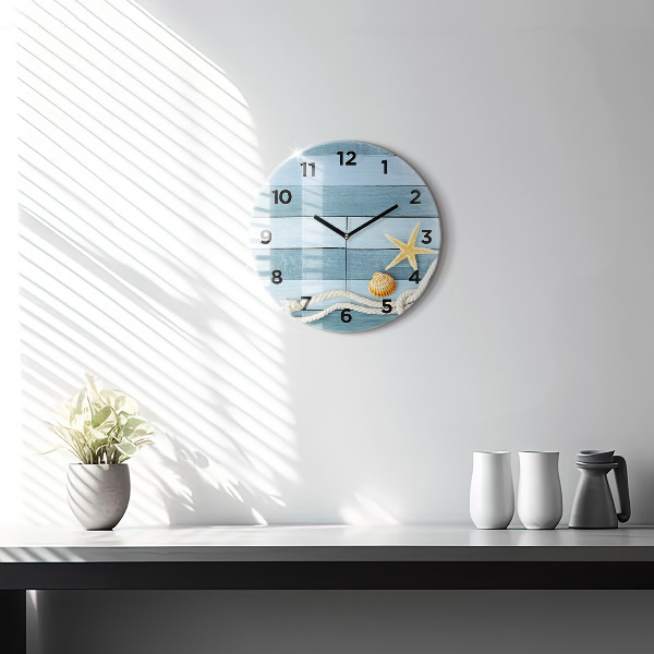 Round glass wall clock Boards stripes and shell