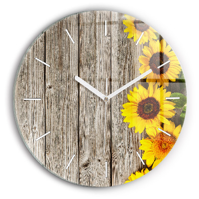 Round glass wall clock Sunflowers on boards