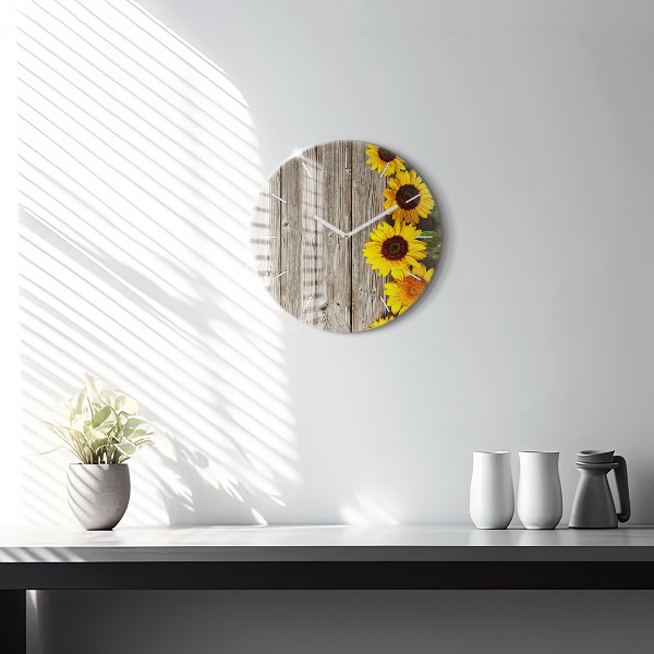 Round glass wall clock Sunflowers on boards