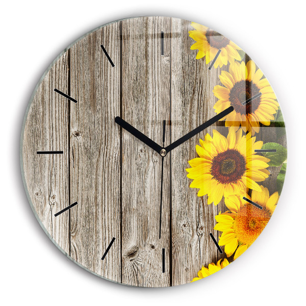 Round glass wall clock Sunflowers on boards