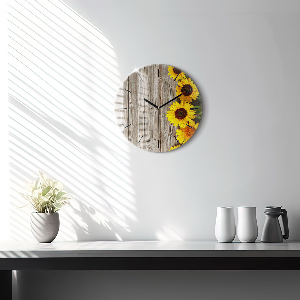 Round glass wall clock Sunflowers on boards