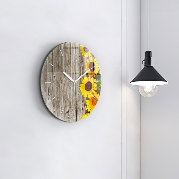 Round glass wall clock Sunflowers on boards