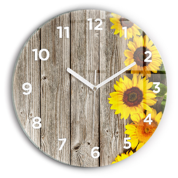 Round glass wall clock Sunflowers on boards