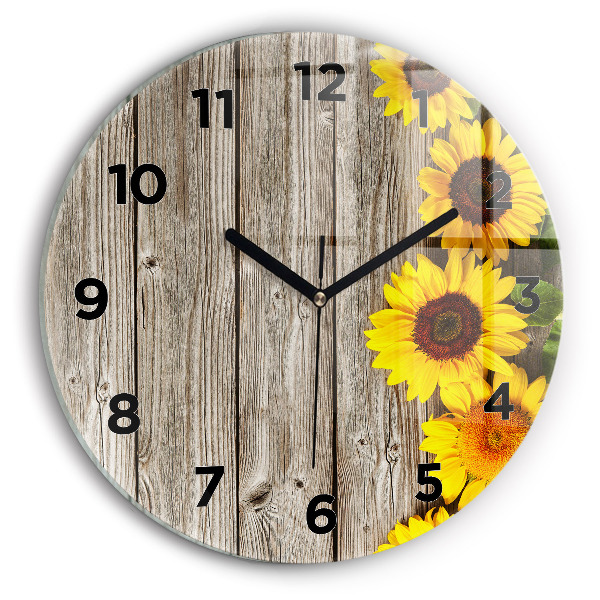 Round glass wall clock Sunflowers on boards