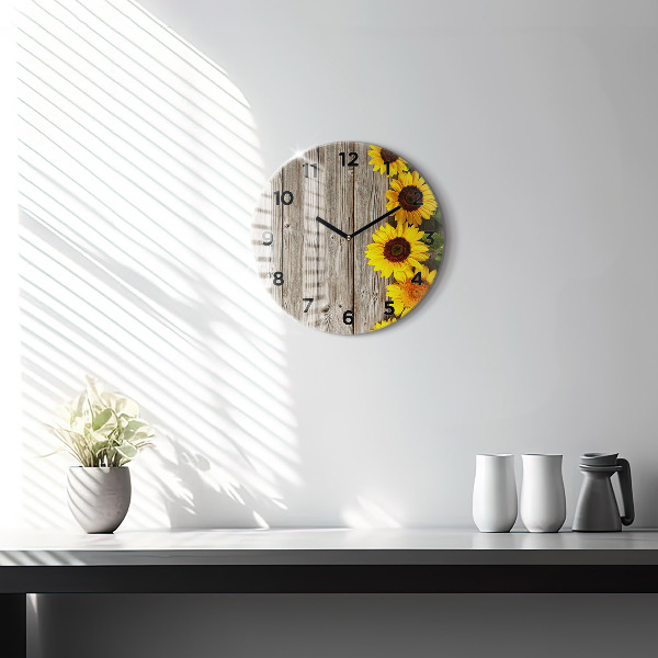 Round glass wall clock Sunflowers on boards