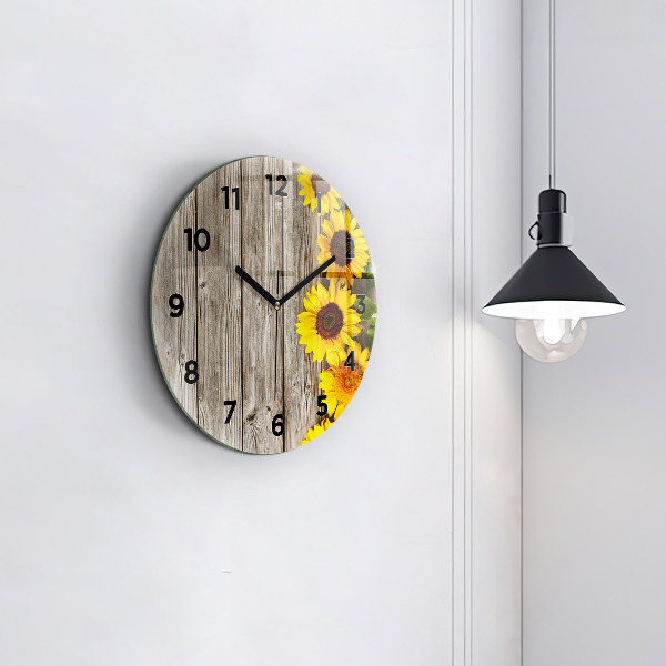 Round glass wall clock Sunflowers on boards