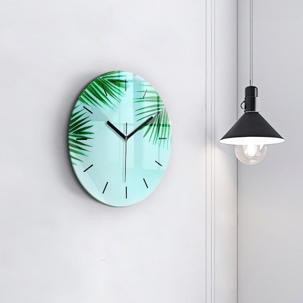 Round glass wall clock Green palm trees